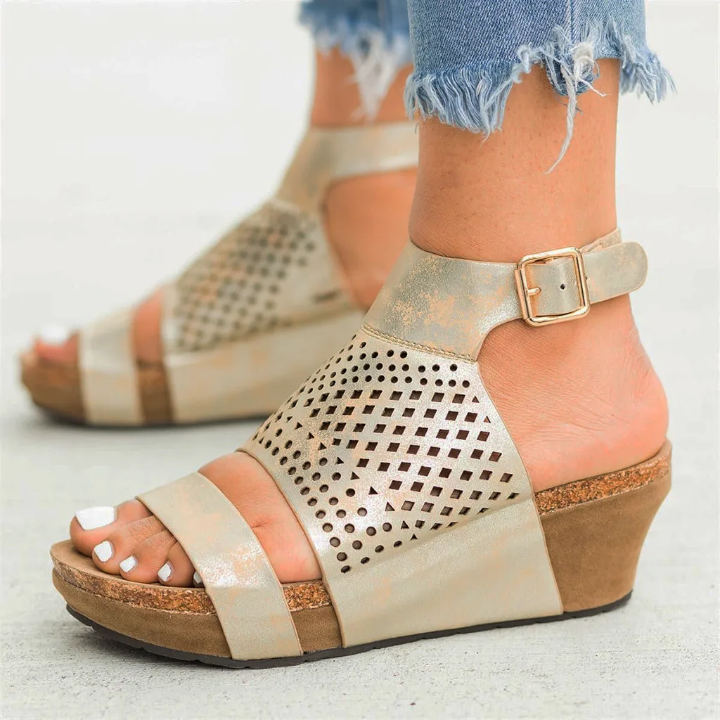 

Women's Ladies Fashion Open Toe Platform Wedges Hollow Sandals Roman Shoes genuine leather women sandalswomen sandals high heel