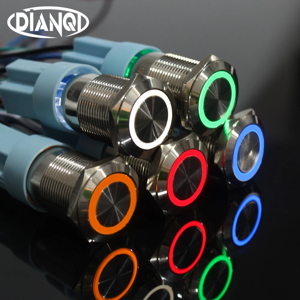 

10pcs 19mm brass Push Button Switch flat round illumination ring Latching/lock Momentary/reset 1NO 1NC Car button pin terminal