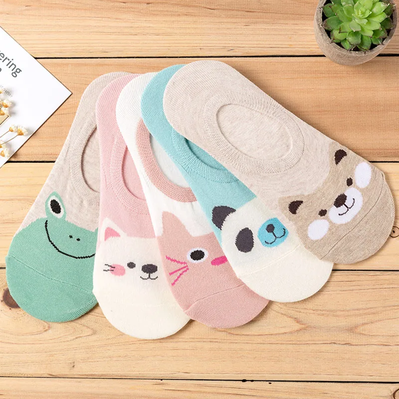 

5 Pairs/lot Women Socks Candy Color Small Animal Cartoon Pattern Boat Sock for Summer Breathable Casual Girls Funny Fashion