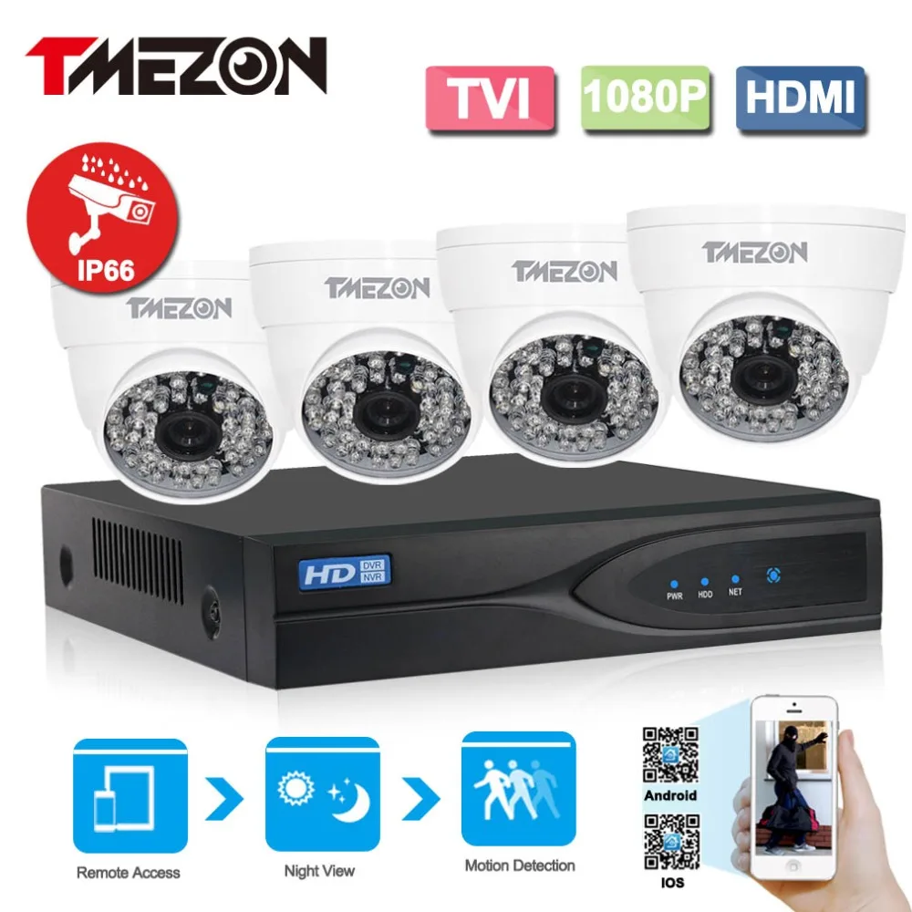 Tmezon 4CH 1080P TVI DVR 4pcs 2.0MP 1080P TVI Camera Security Surveillance CCTV System IR-Cut Night Vision Up to 40 Meter Kit