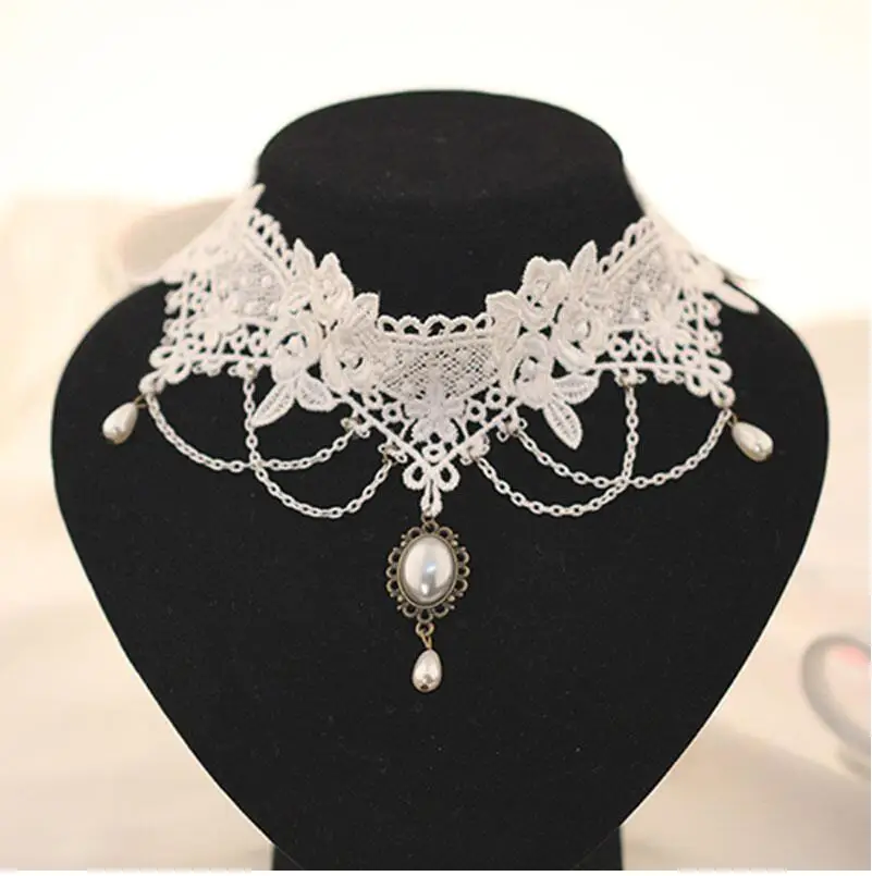 Imitation-Pearl-White-Lace-Choker-Necklaces-Bridal-Jewelry-Women-Wedding-tattoo-Tassel-Punk-Style-Lace-Pendant