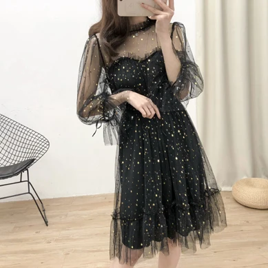 Корейское платье, блестящее платье с пайетками, женское Сетчатое прозрачное гофрированное сексуальное вечернее платье, элегантное,, зимняя Корейская черная одежда, Халат - Цвет: party dres