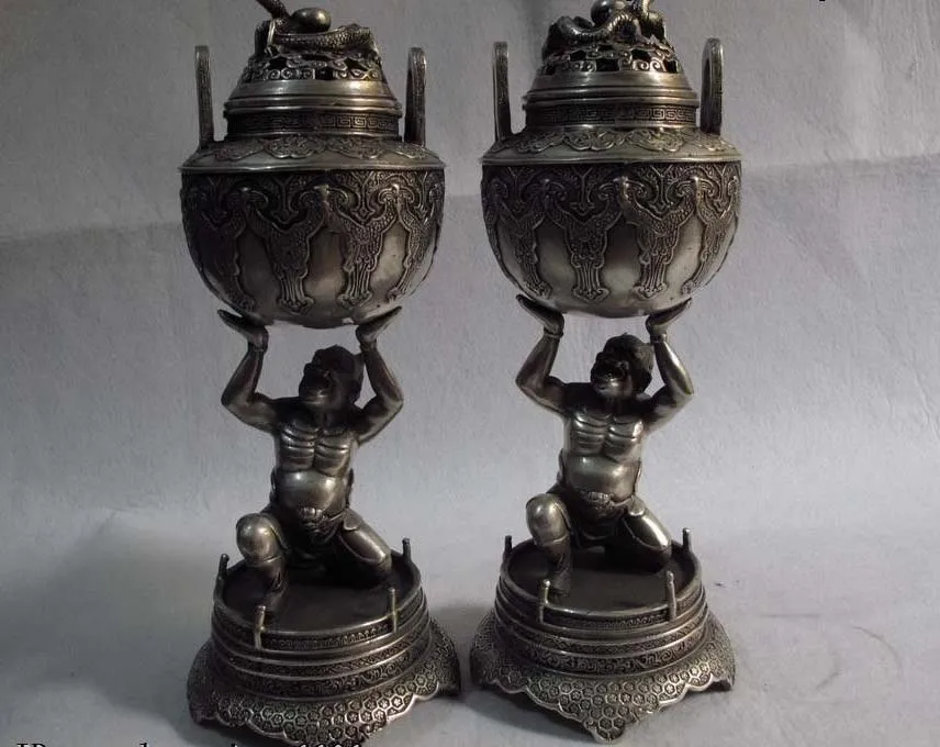 

Tibet white bronze silver foo dog goblin lift round Dragon censer incense burner
