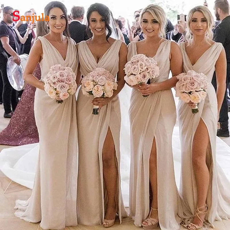 Саудовская Арабский для женщин v-образный вырез Свадебная вечеринка платье с боковыми разрезами Длинные шифон Свадебные платья BY01