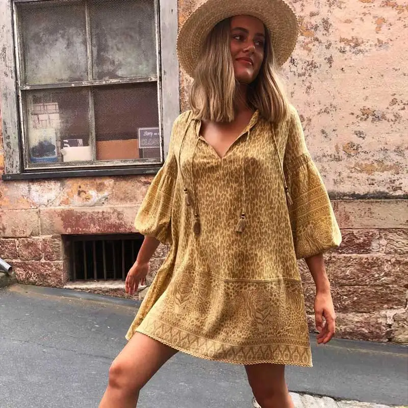 

Summer Dress Leopard Print V-neck Long-sleeve Boho Beach Dress Female Loose Gypsy Mini Dress Woman Vestidos Fashion New