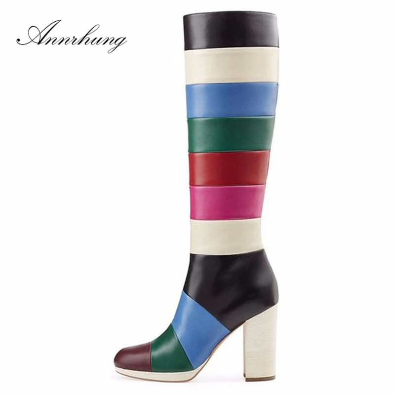 

Colourful Mixed Color Knee-High Boots Women Round Toe Block High Heel Side Zip High Boots Patchwork Long Booties For Women