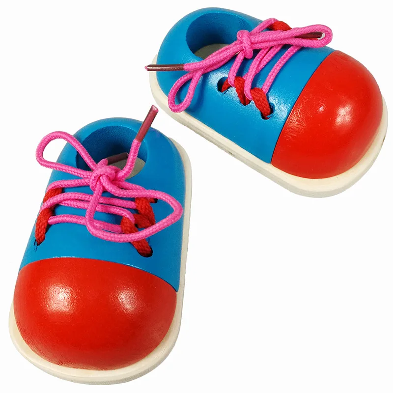 Kids Montessori Educational Wooden Toys Tie Shoes Lace up Shoes Toys Toddler Lacing Early Educational Learning 2Pcs