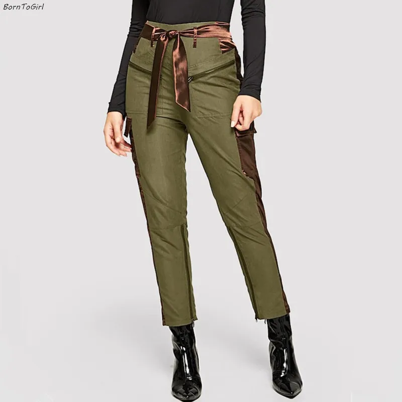 

BornToGirl 2019 Fashion Casual Slim Vintage Army Green Stitching Pants For Women Autumn Winter Streetwear Capris Pants Trousers