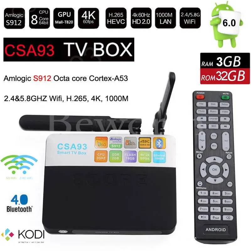 CSA93 Android 6.0 TV Box 3GB/32GB Amlogic S912 Octa Core Smart Mini PC 2.4G/5.8G Wifi Bluetooth 4K TVbox KODI 17.0 Set Top Box