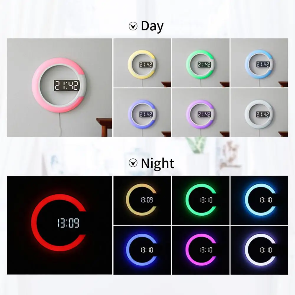 Reloj de pared digital Led con control remoto Reloj de pared creativo LED espejo hueco con alarma/temperatura anillo de luz 7 colores cambio Reloj de pared digital Led con control remoto Reloj de pared creativo LED espejo hueco con alarma/temperatura anillo de luz 7 colores cambio