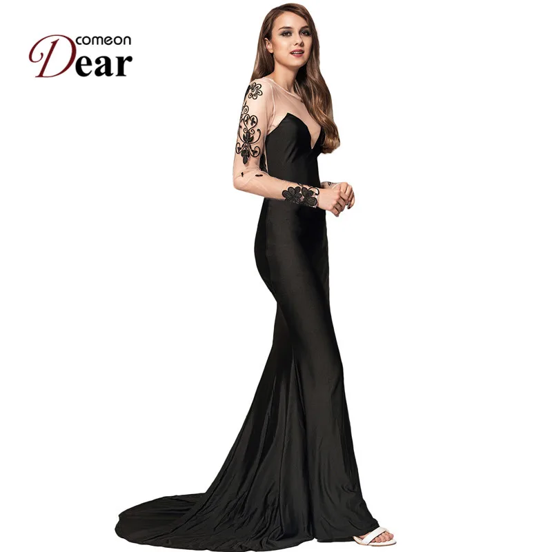 

VJ1023 Comeondear Dresses Party Evening Elegant Vestidos Long Floral Embroidery Mesh Long Sleeve Black Vintage Maxi Dresses Long