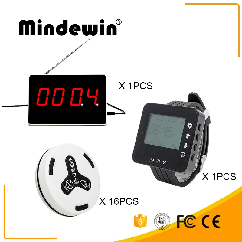 

Mindewin Queue System Waiter Caller 16 Buzzer Buttons +1 LED Display +1 Wrist Watch Pager For Coffee,Tea House Or Restaurants