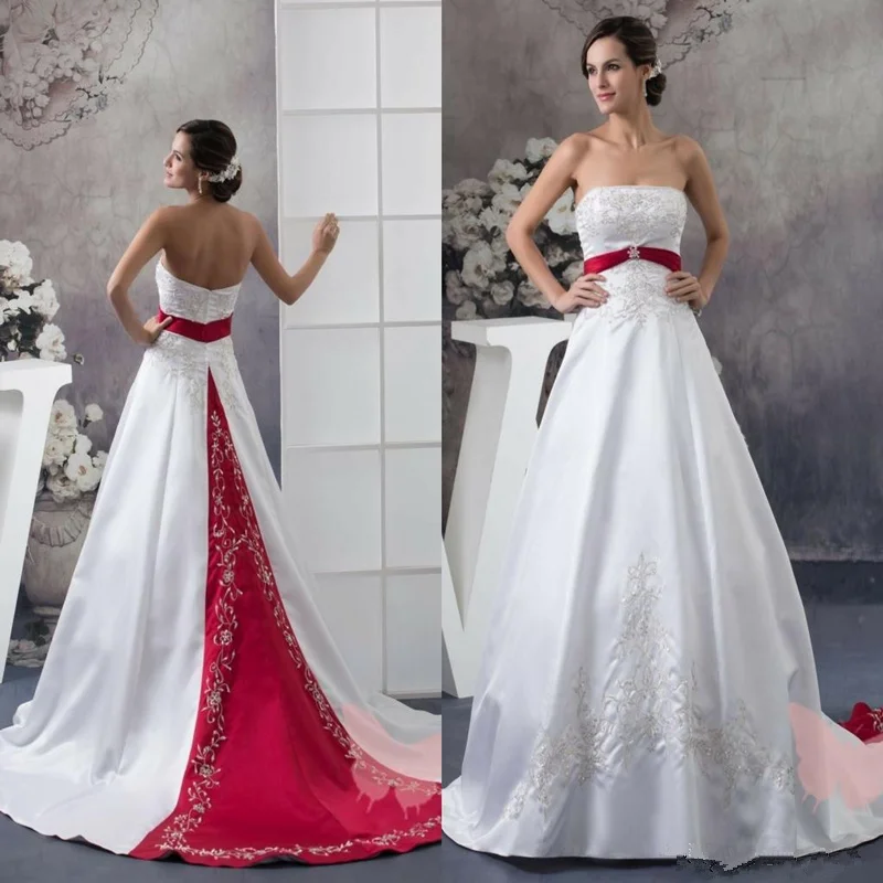 

Retro Embroidery Wedding Dresses Luxury Lace Sleeveless Open back Applique Princess Satin Tube Top Bride Wedding Dresses