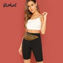 Romwe спортивные черные женские эластичные одноцветные велосипедные шорты с широким поясом летние укороченные шорты для тренировок, пробежек и пробежек