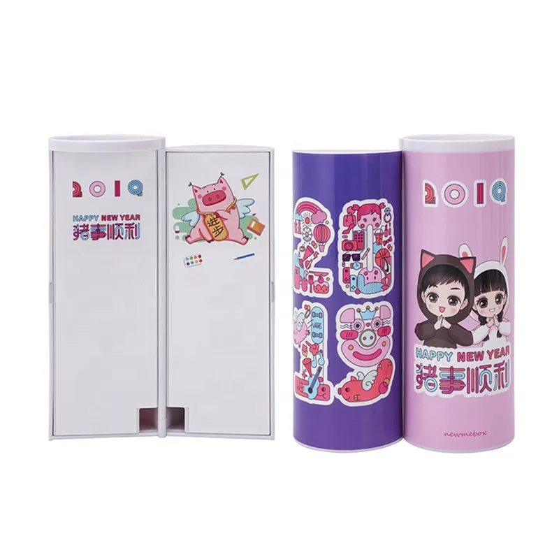 

Personalized Pencil Case Students Favorite Cylindrical Designed Double Door Stationery Storage Boxes 2019 Happy New Year Pig