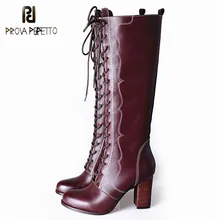 Prova Perfetto/Новое поступление; высокие сапоги на шнуровке из натуральной кожи на высоком каблуке; зимние сапоги до колена с плюшевой подкладкой; теплые удобные сапоги