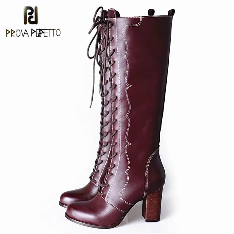 

Prova Perfetto New Arrived Lace Up Long Boots Real Leather High Heels Knee High Winter Boots With Plush Inside Warm Cozy Boots