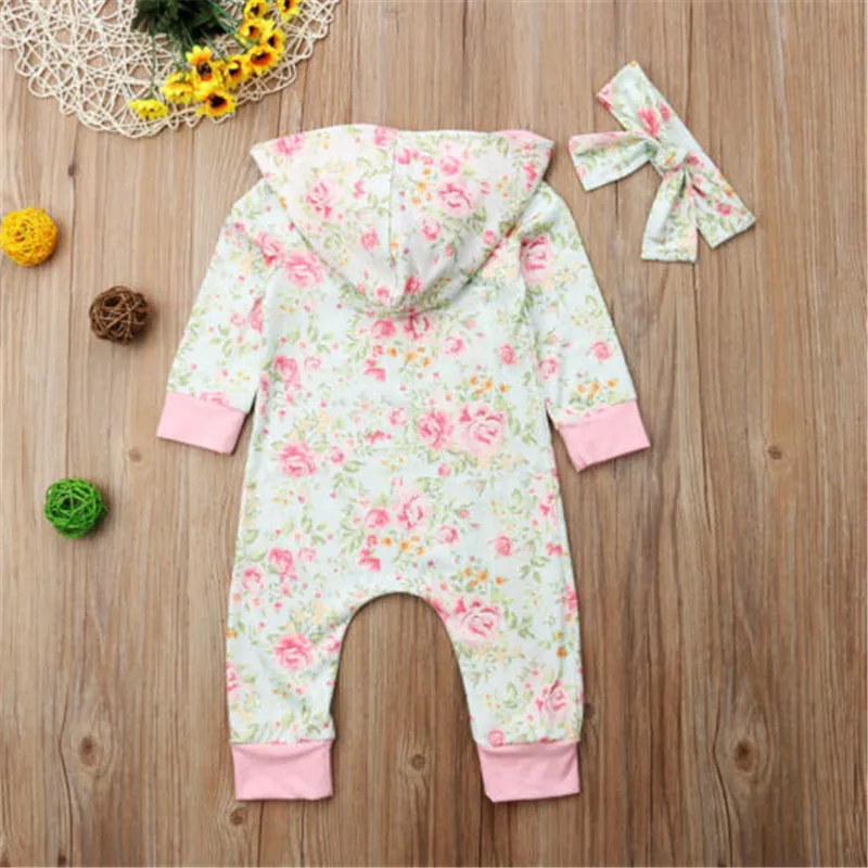 CANIS 2018 Otoño Invierno recién nacido bebé niña Floral flor con capucha diadema Zip Romper Bebe niñas mamelucos mono Ropa CANIS 2018 Otoño Invierno recién nacido bebé niña Floral flor con capucha diadema Zip Romper Bebe niñas mamelucos mono Ropa