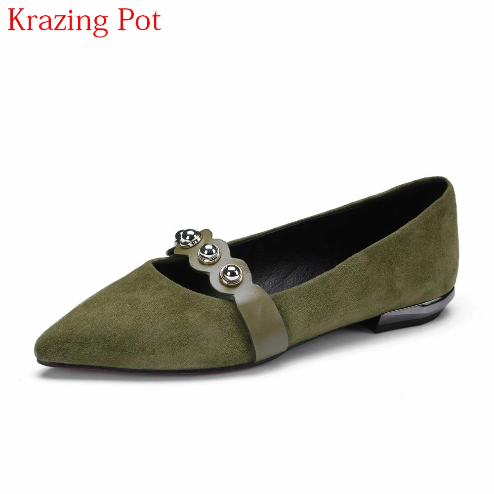 

2018 New Arrival Fashion Sheep Suede Shallow Pointed Toe Pearl Slip on Women Flats Lazy Summer Metal Decoration Driving Shoe L91
