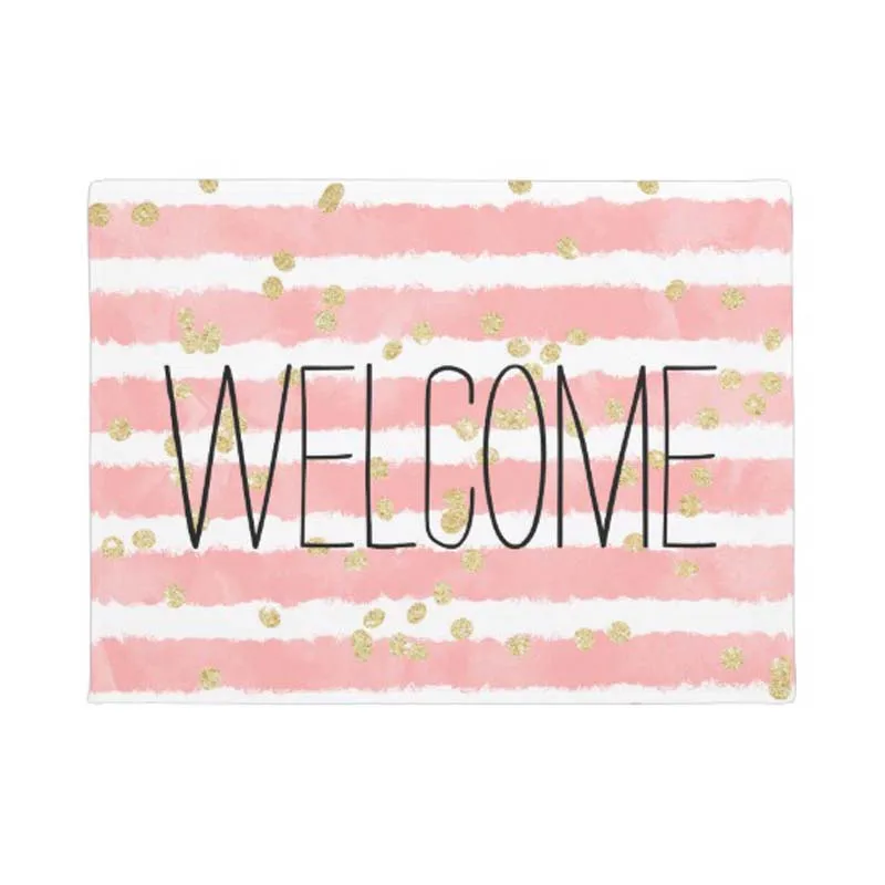 Trendy Blush Pink Watercolor Stripes Gold Confetti Doormat