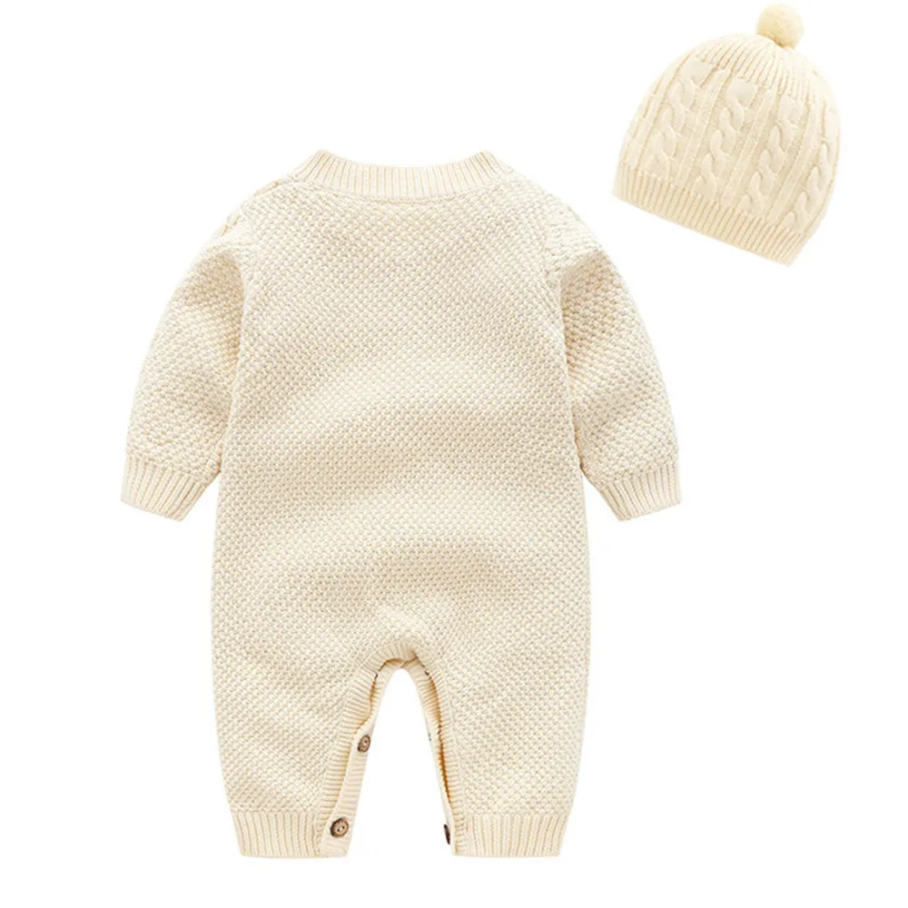 Теплый вязаный свитер для новорожденных мальчиков и девочек, комбинезон с шапкой, Детская верхняя одежда для малышей, детские комбинезоны, зимняя одежда, кардиган