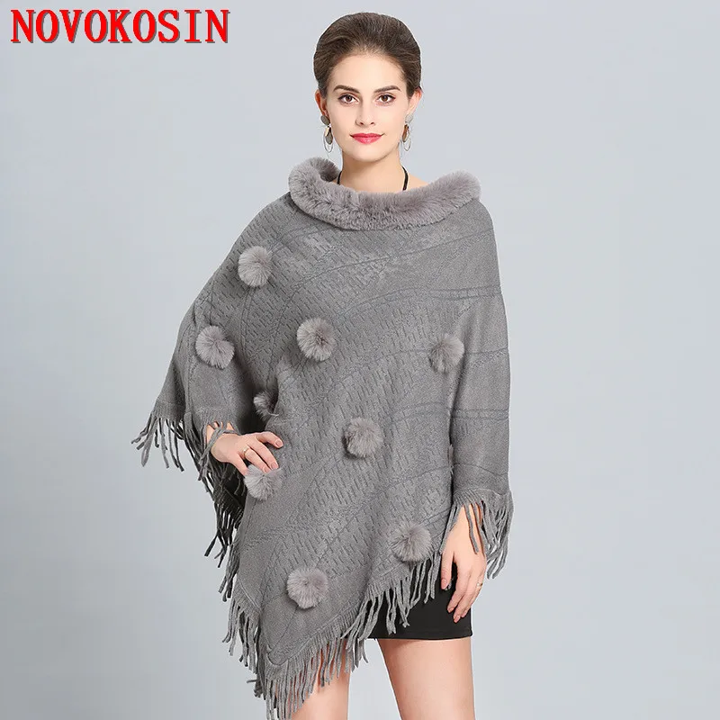 Women Cape Beading Floral Poncho 2018 Winter Faux Fox Fur Shawl Knitted Triangle Tassel Sweater Plus Size Pullover Coat Fur Neck