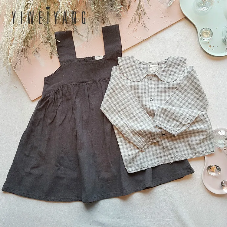 

2019 Spring New Children's Skirt Plaid Shirt Straps Dress Girls' Dress 2-7-year-old Girls' Retro Dress Two-piece Suit Dress