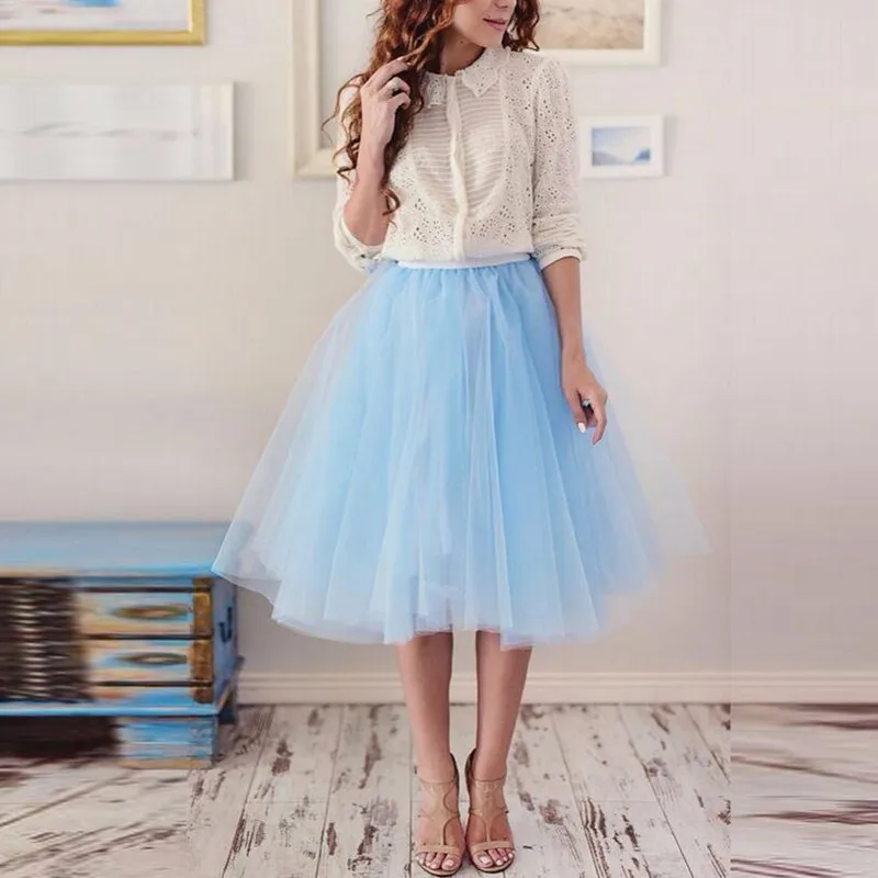 New Arrival Sky Blue Tulle Skirt A Line Knee Length Tutu Skirt Casual