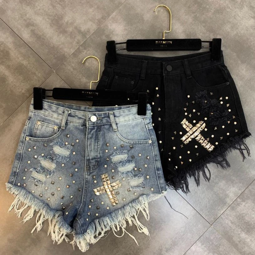 Pantalones cortos vaqueros de ancha para mujer, shorts femeninos de cintura alta con remaches y borlas de costura, estilo urbano punk, wq1618|Pantalones cortos| - AliExpress