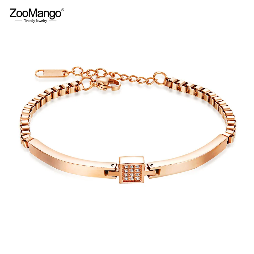 

ZooMango Stainless Steel Inlay CZ Crystal Bangles Bracelets For Women Box Chain Adjustable Rose Gold Party Jewelry Gift ZOGS998