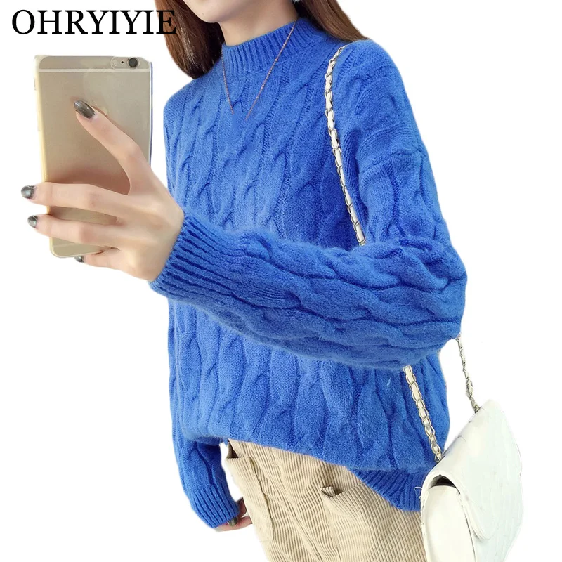 Kaufen OHRYIYIE Blau Oansatz Twisted Pullover Frauen 2019 Herbst Winter Mode Langarm Kaschmir Pullover Weibliche Gestrickte Jumper Tops