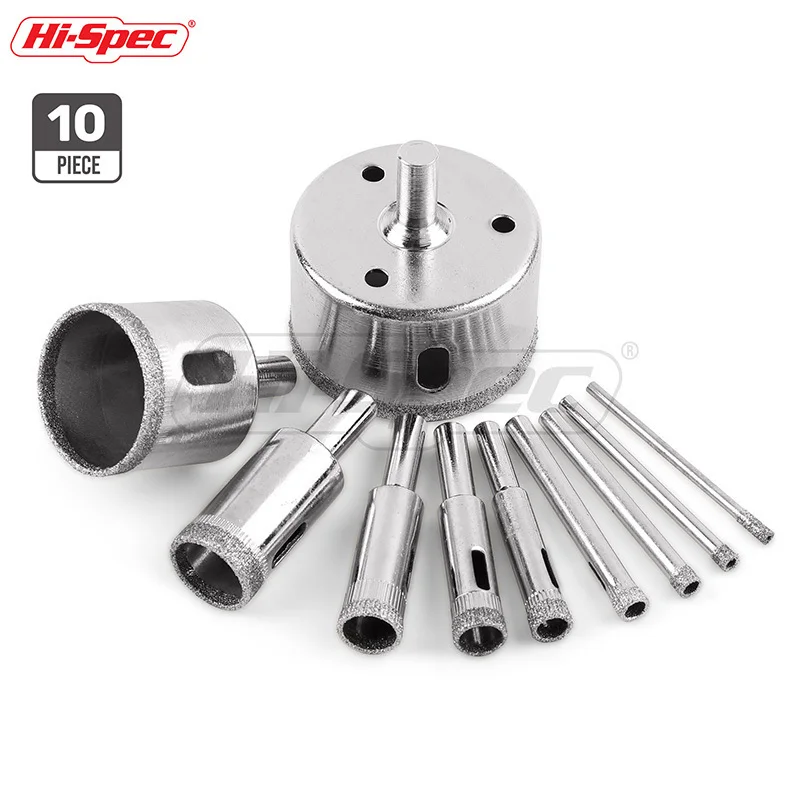 Hi-Spec 10pc 3-50mm Diamond Coated Drill Bit Set Tile Marble Glass Ceramic Hole Saw Drilling Bits For Power Tools TT004