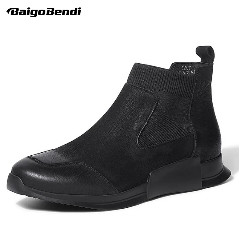 

New Fashion Men Trendy Chelsea Boots Genuine Leather Pull On Ankle Boots Business Man Casual Winter Riding Boots