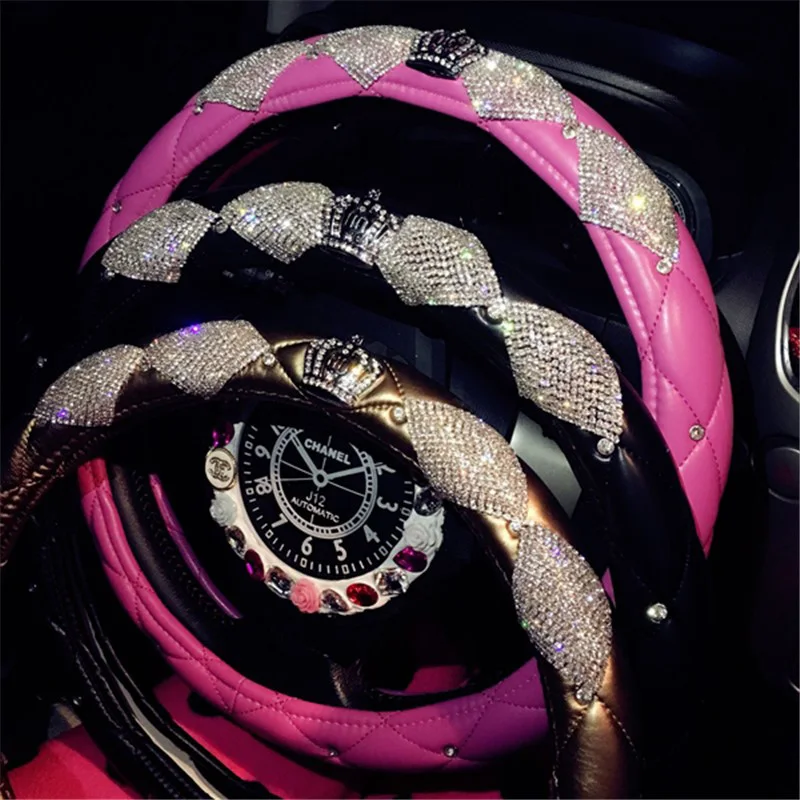 Luxury Diamond DAD Crown Leather Car Steering Wheel Covers Bling Crystal Auto Handle Cover font b