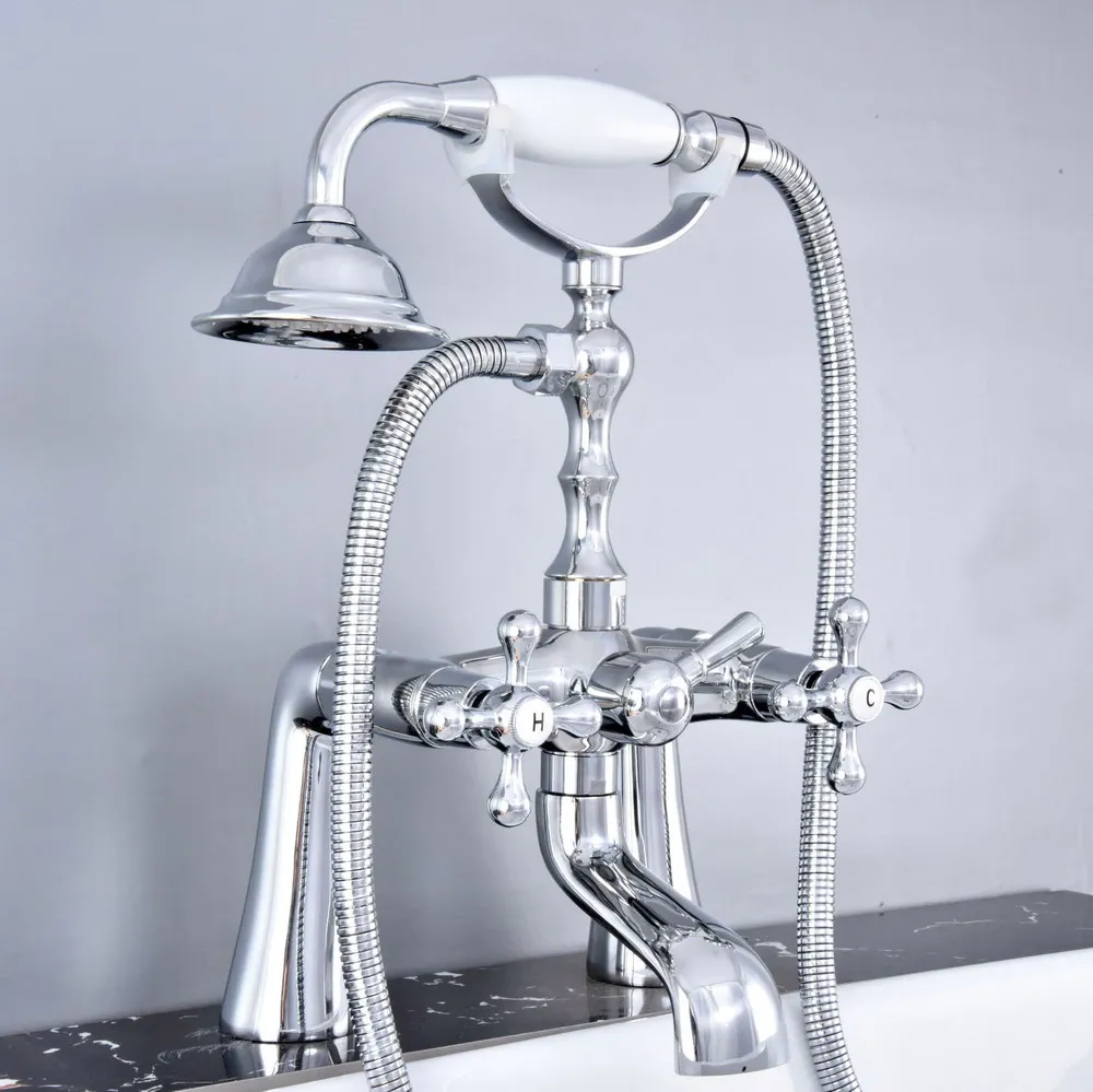 

Polished Chrome Deck Mounted Bathroom Tub Faucet Dual Handles Telephone Style Hand Shower Clawfoot Tub Filler atf770