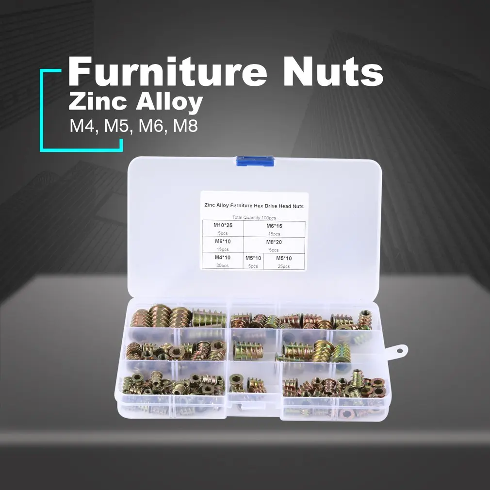 

100pcs/set M4 M5 M6 M8 Zinc Alloy Thread For Wood Insert Nut Flanged Hex Socket Drive Head Furniture Nuts Assortment Bolt Sale