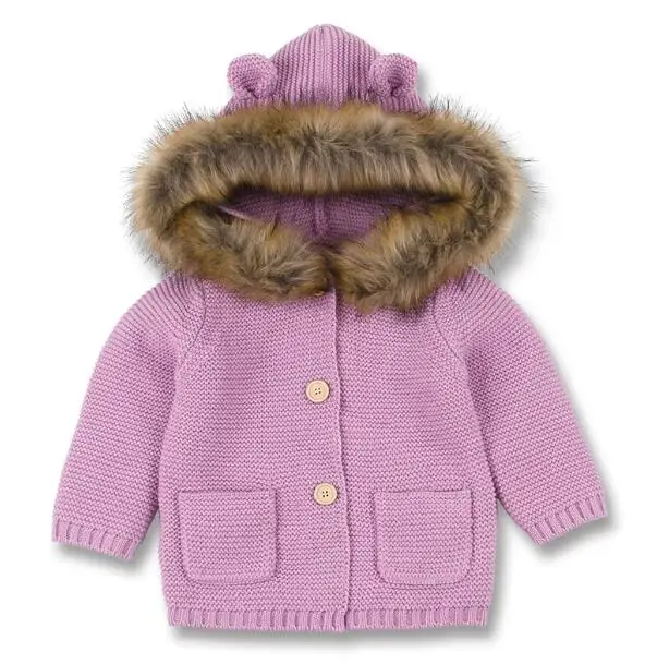 Winter Warm Newborn Baby coat Fur Hood Detachable Grey Infant Boys Girl Knitted Cardigan Fall Outwear Children Knitwear sweater