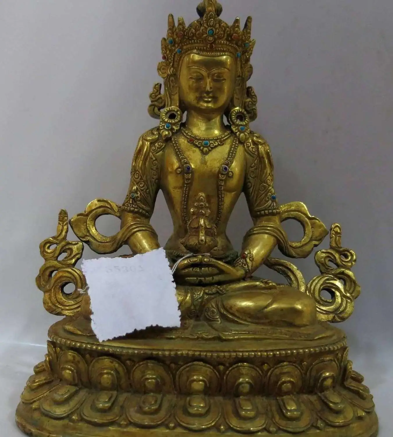 

9" China Tibet bronze gild Buddhism Production of Jewels Buddha Sculpture Statue