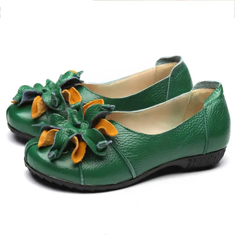 BeckyWalk/женская повседневная обувь из натуральной кожи; балетки на плоской подошве в национальном стиле с цветами; Летняя женская обувь на плоской подошве ручной работы в стиле ретро; WSH2941 - Цвет: Зеленый