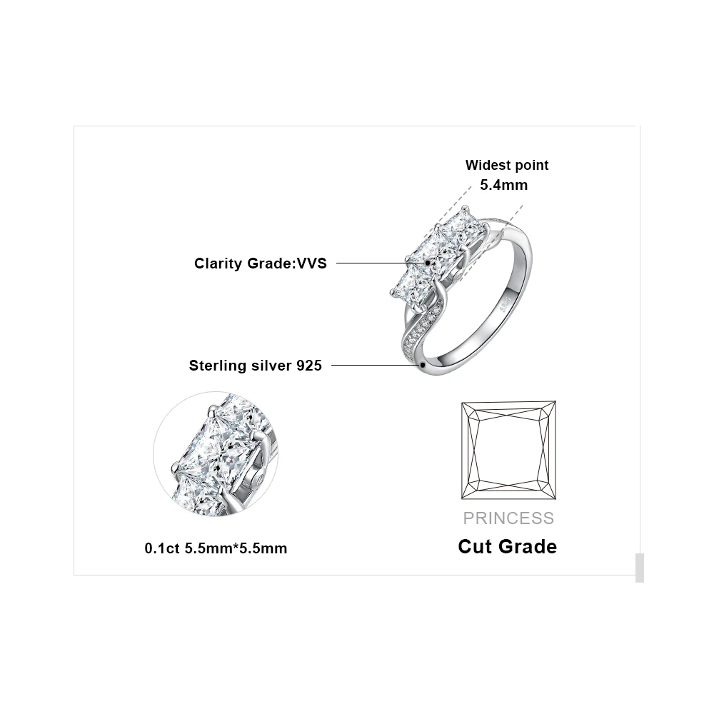 JewelryPalace витой CZ проложить группа 3 камень 0.5ct принцессы с кубического циркония