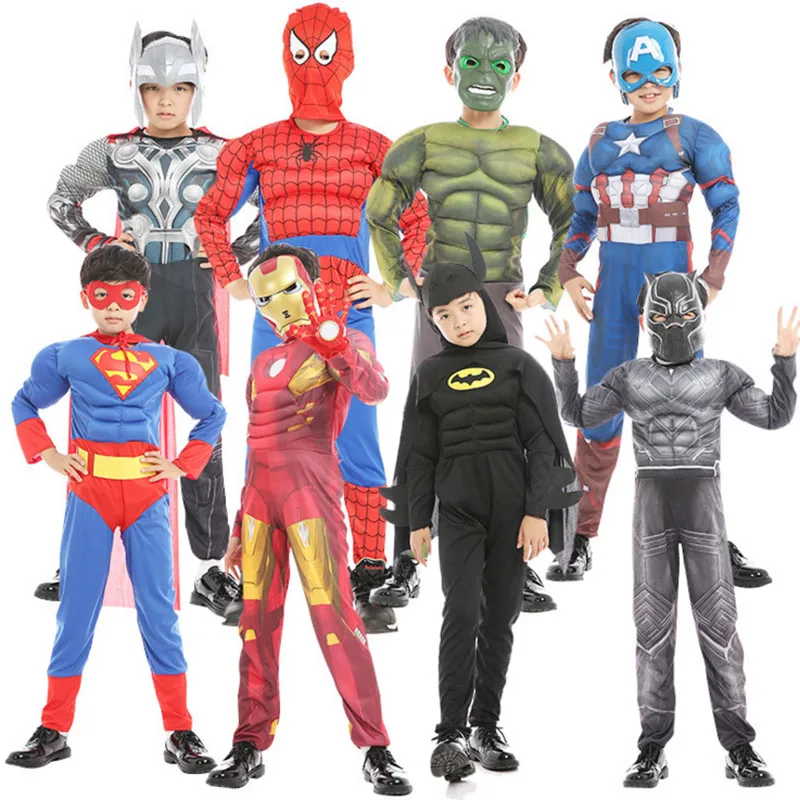 

Halloween Cosplay Superhero Costumes For Kids Boy Spiderman/Batman/Superman/Iron man/Captain America Avengers Muscle Clothes