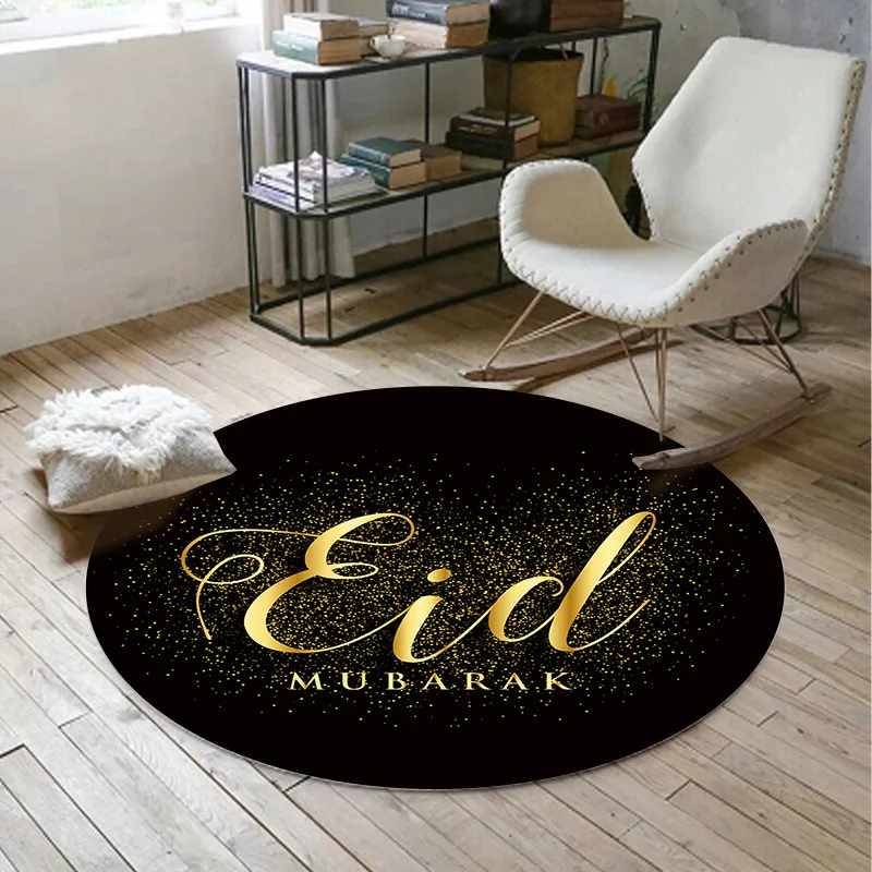 

Islam Muslim Iftar holiday Eid Gold black Round living room bedroom mat Prayer carpet velvet plush printing floor mat customize