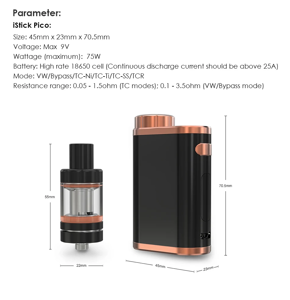 Eleaf Istick pico Mod электронная сигарета 75 Вт TC коробка мод Vape no melo 3 танк распылитель NO 18650 батарея испаритель