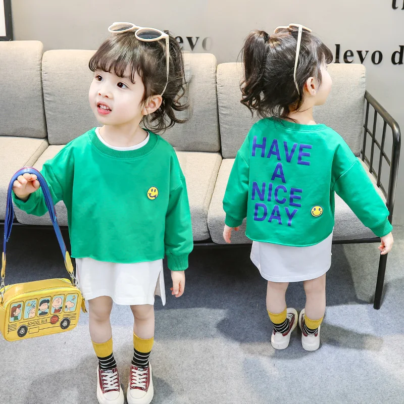 

3-7 years old new simple girl's smiling face letter skirt suit