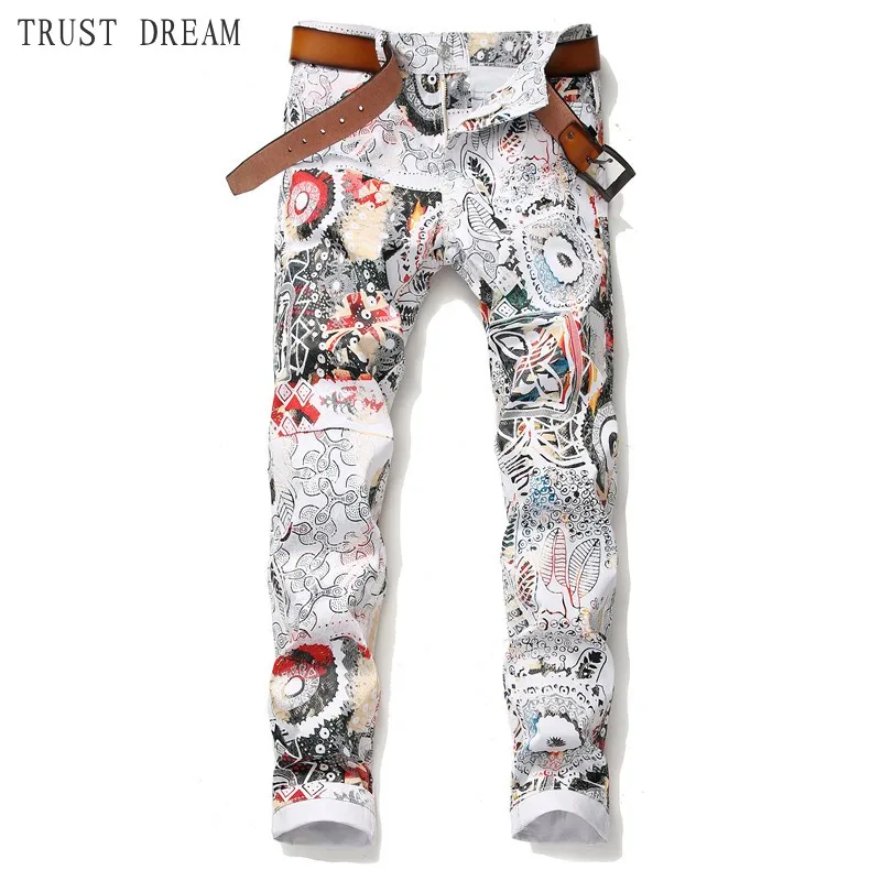 

2019 New Spring Summer Man Floral Slim Jeans 3D White Print Cool Pant Men Casual Streetwear Club Personal Punk Jean Real Photos