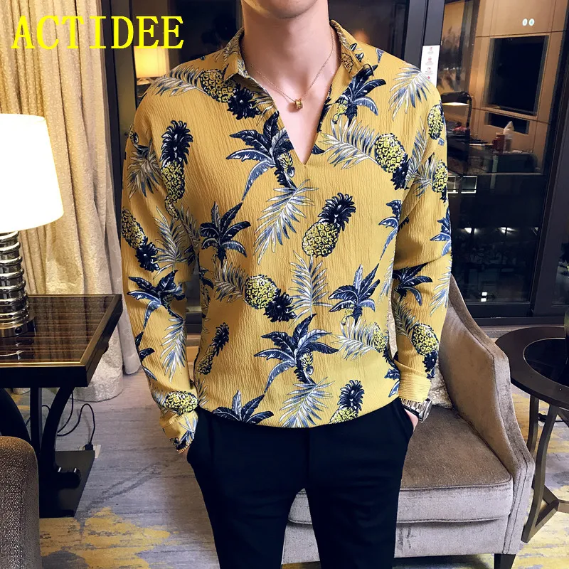 2017 Autumn Loose Elastic Waist Mens V neck Long Sleeve Shirt Hawaiian