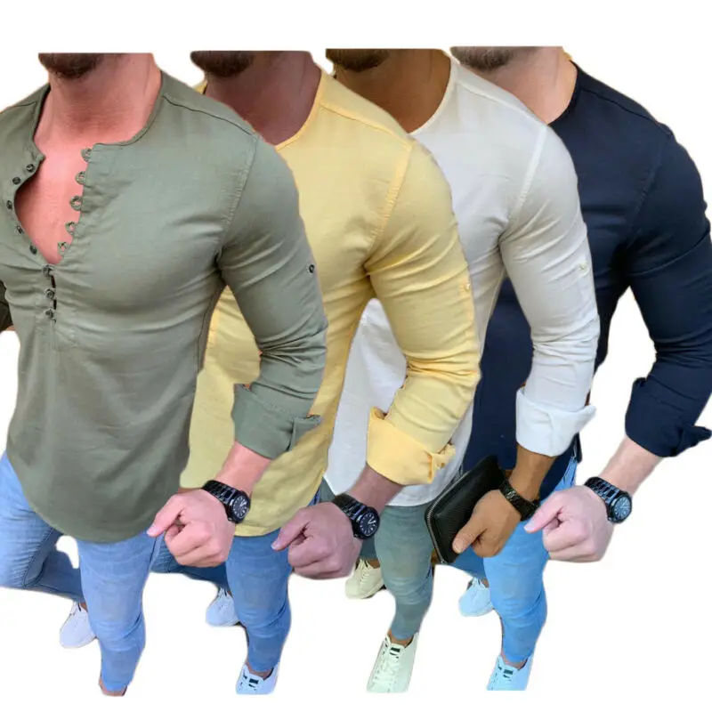 Мужские рубашки облегающий плотный облегающий топ на пуговицах, дышащая мягкая Повседневная блуза с v-образным вырезом, мужская стильная официальная уличная одежда с длинными рукавами
