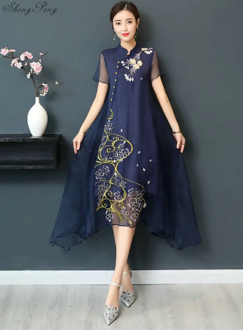 New Qipao Long Cheongsams Dress Chinese Traditional Dress Summer Flowers Vintage Oriental Robes V922