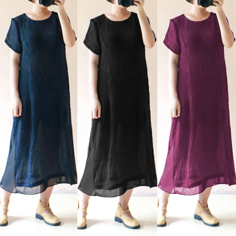 

Celmia Vintage Linen Dress Oversized 2019 Summer Women Casual Loose Long Maxi Dress Short Sleeve Vestidos Kaftan Dress