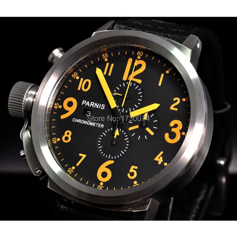 Часы Parnis 50 мм черный циферблат Полный Хронограф отображения даты Желтый Знак кварц двигаться Для мужчин t Для мужчин, мужские часы, P36